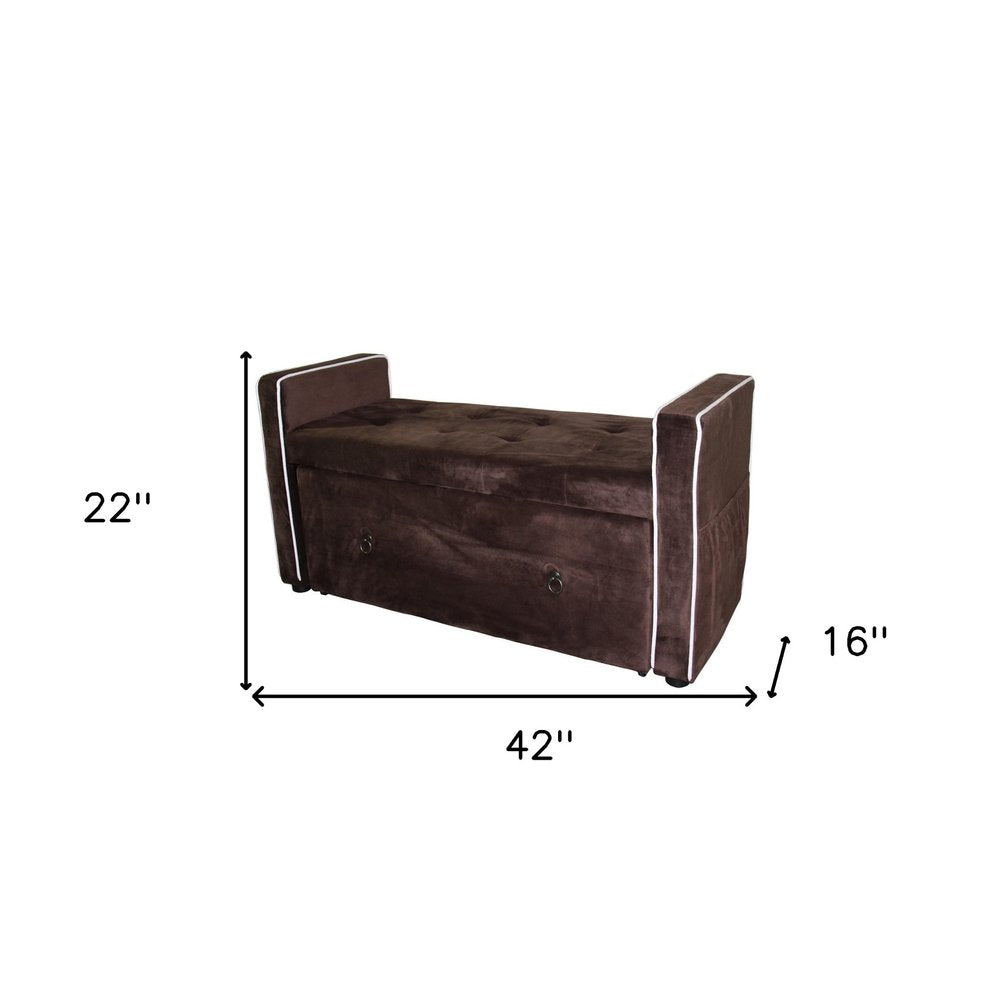 Brown Suede Shoe Storage Bench with Drawer on a white background