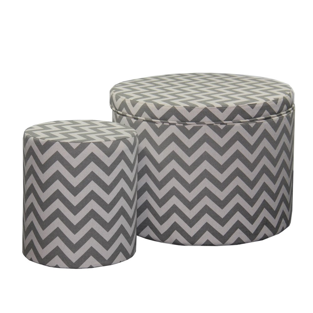 Two round ottomans with gray and white chevron pattern fabric on a white background.