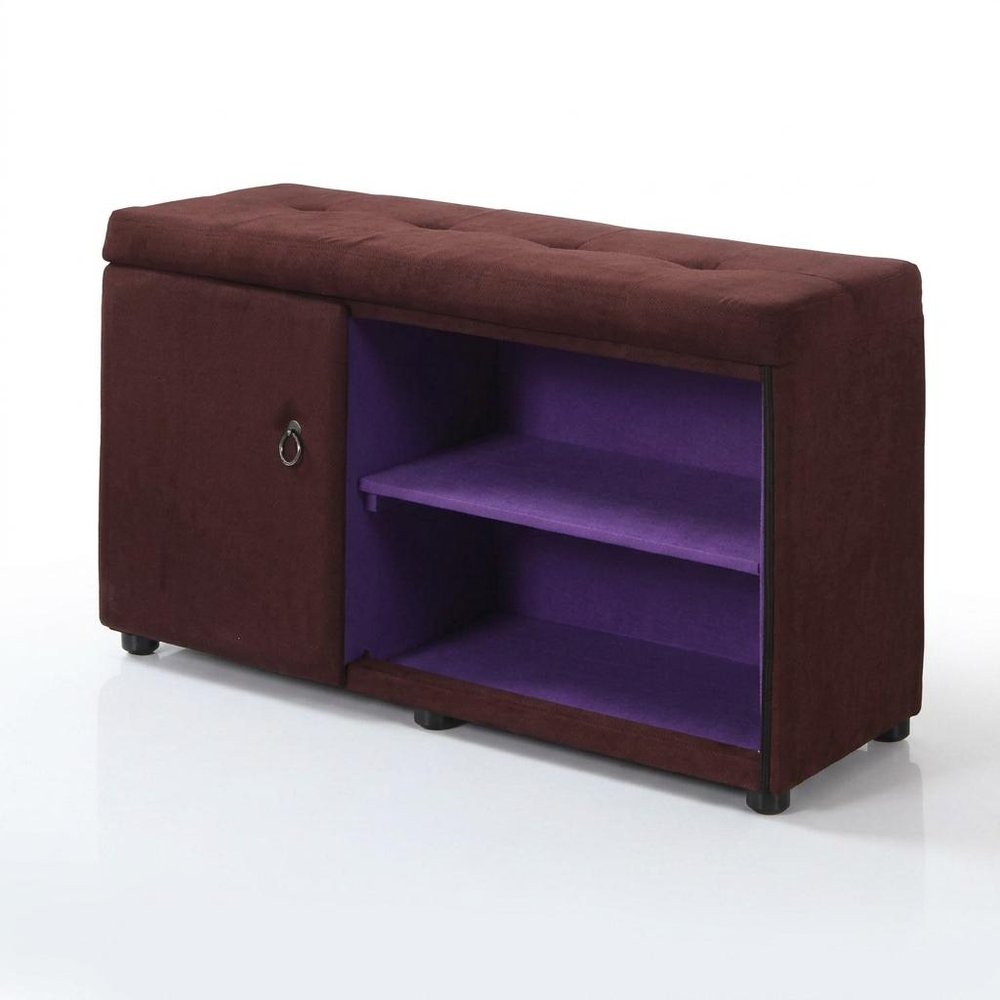 Brown tufted shoe storage bench with purple interior shelves and a silver ring pull on a white background.