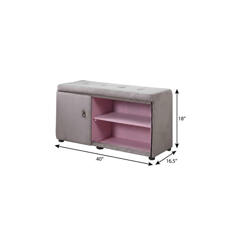 Light Gray and Pink Tufted Shoe Storage Bench