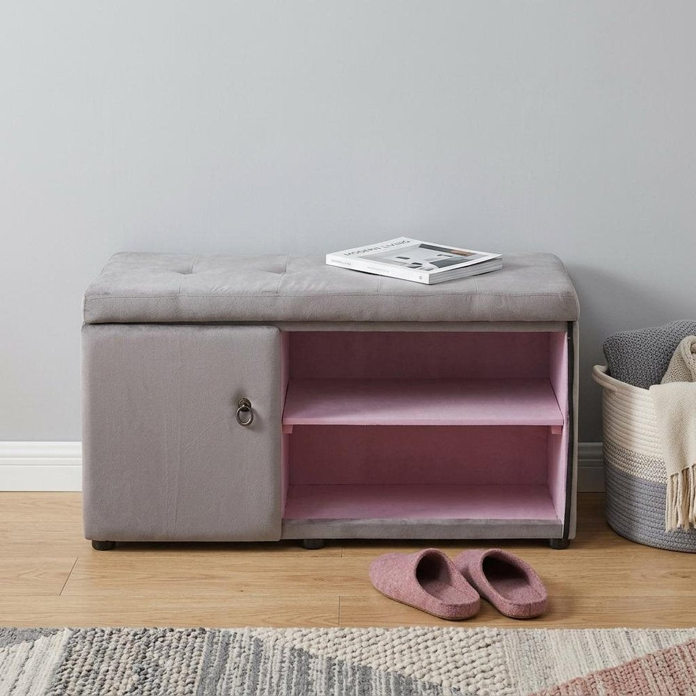 Light Gray and Pink Tufted Shoe Storage Bench on a white background
