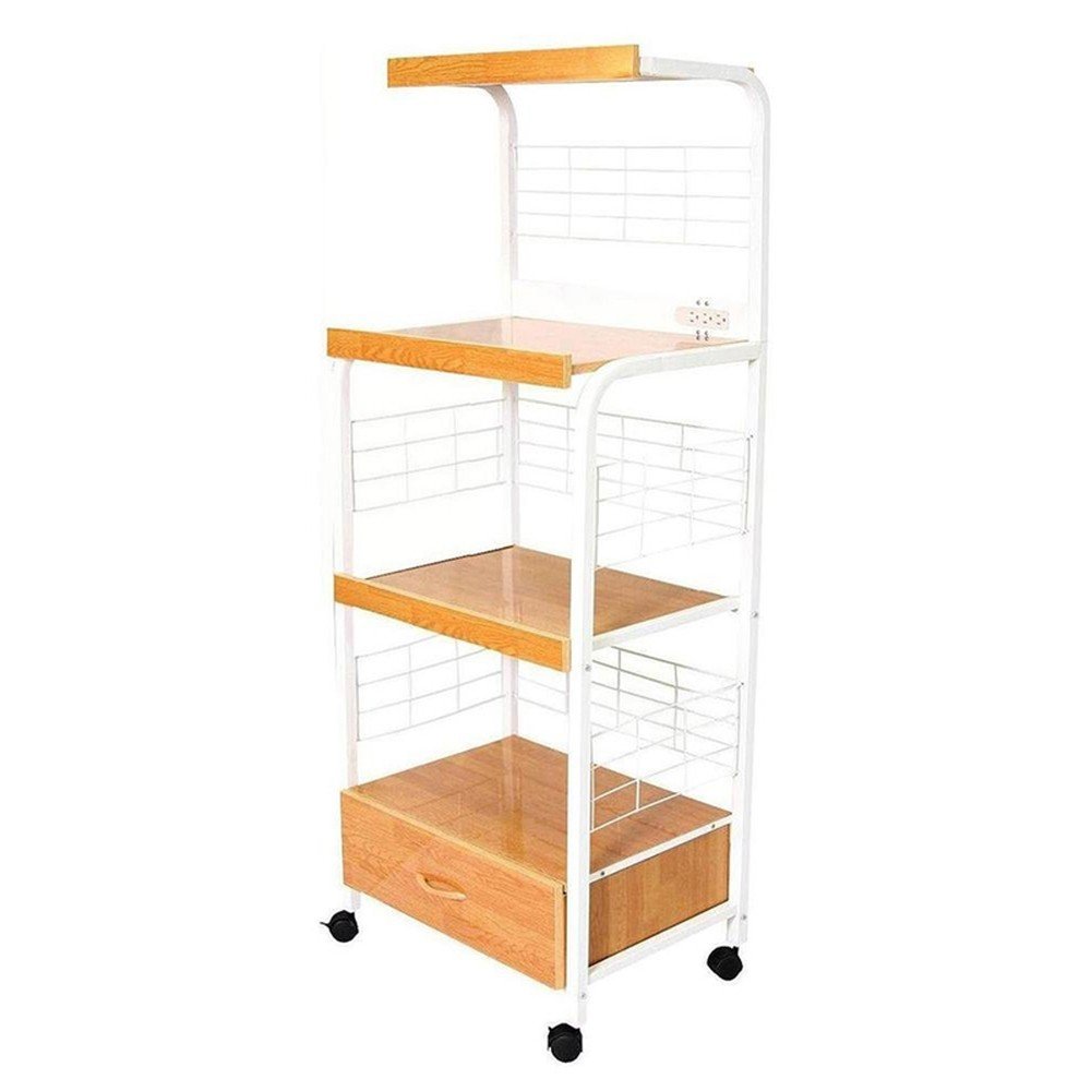 White and Natural 26" Rolling Kitchen Cart With Storage on a white background