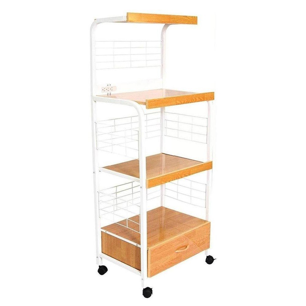 White and Natural 26" Rolling Kitchen Cart With Storage on a white background
