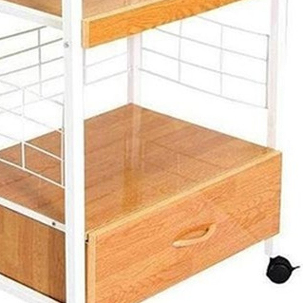 White and Natural 26" Rolling Kitchen Cart With Storage on a white background