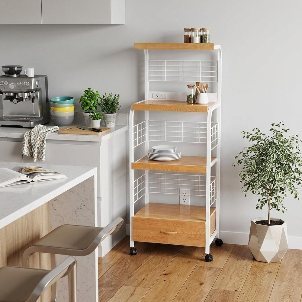 White and Natural 26" Rolling Kitchen Cart With Storage in a home interior