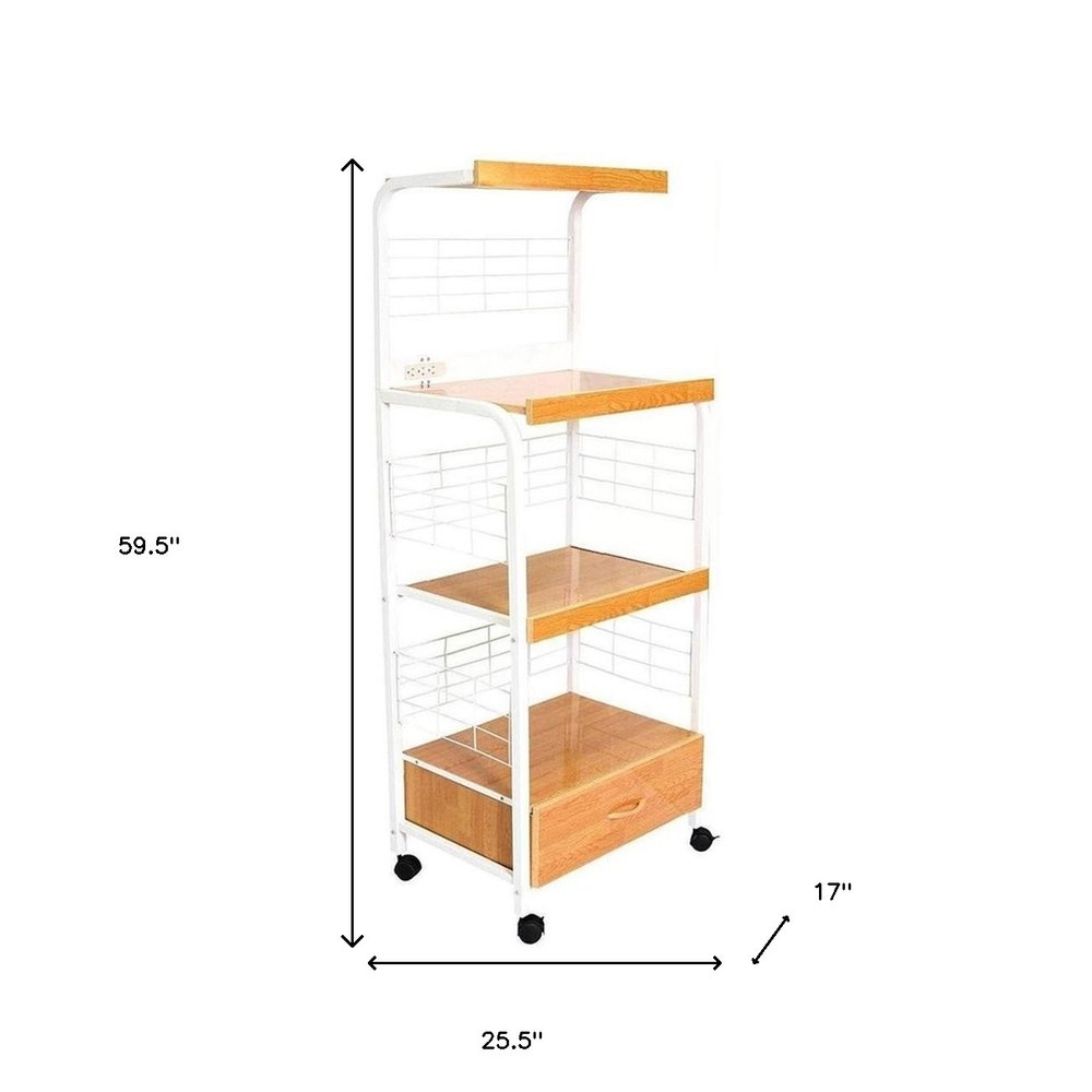 White and Natural 26" Rolling Kitchen Cart With Storage on a white background