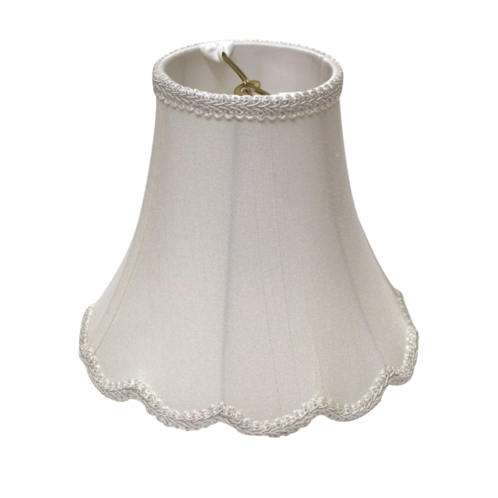 White bell-shaped shantung silk lampshade with decorative trim on top and bottom edges, shown against a white background.