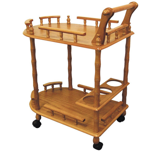 Wooden bar cart with two shelves, wine bottle holders, and wheels, on a white background.