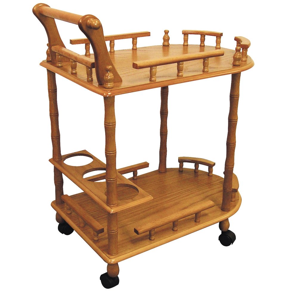 24" Oak Wood Rolling Bar Cart With Wine Storage. Bar cart isolated on a plain white background, showing a orange wood surface.