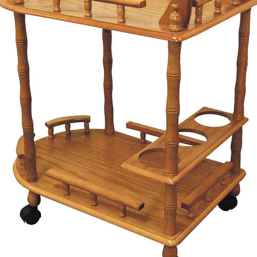 24" Oak Wood Rolling Bar Cart With Wine Storage. Bar cart isolated on a plain white background, in a dark brown wood finish.