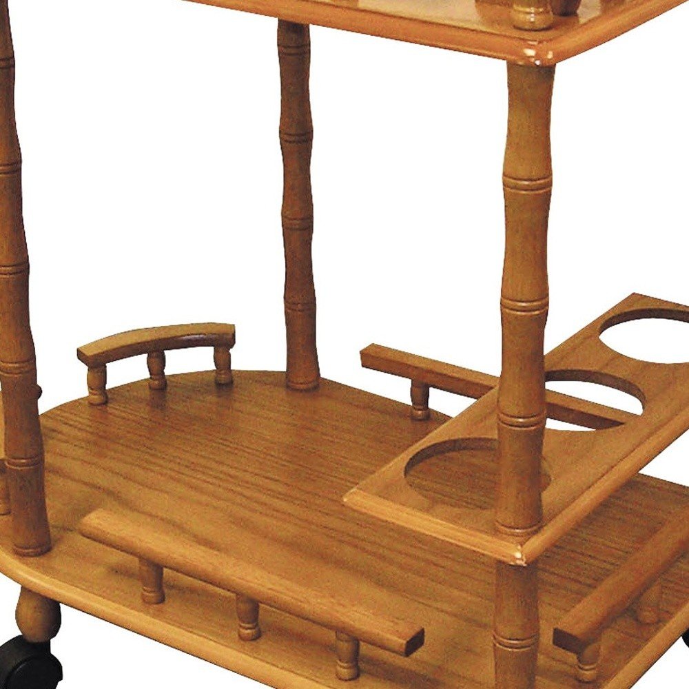 24" Oak Wood Rolling Bar Cart With Wine Storage. Bar cart in dark brown wood.