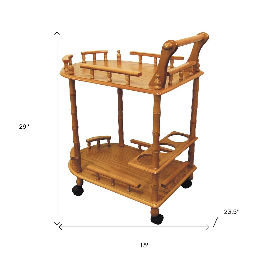 24" Oak Wood Rolling Bar Cart With Wine Storage. Bar cart isolated on a plain white background, in a mahogany wood finish.