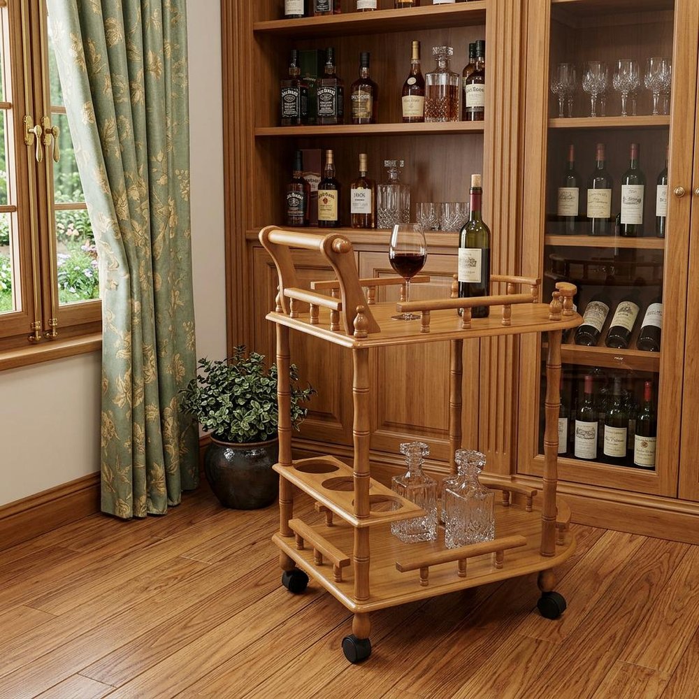 24" Oak Wood Rolling Bar Cart With Wine Storage