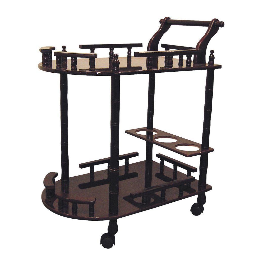 Dark brown wooden bar cart with two shelves, bottle holders, and wheels on a white background.