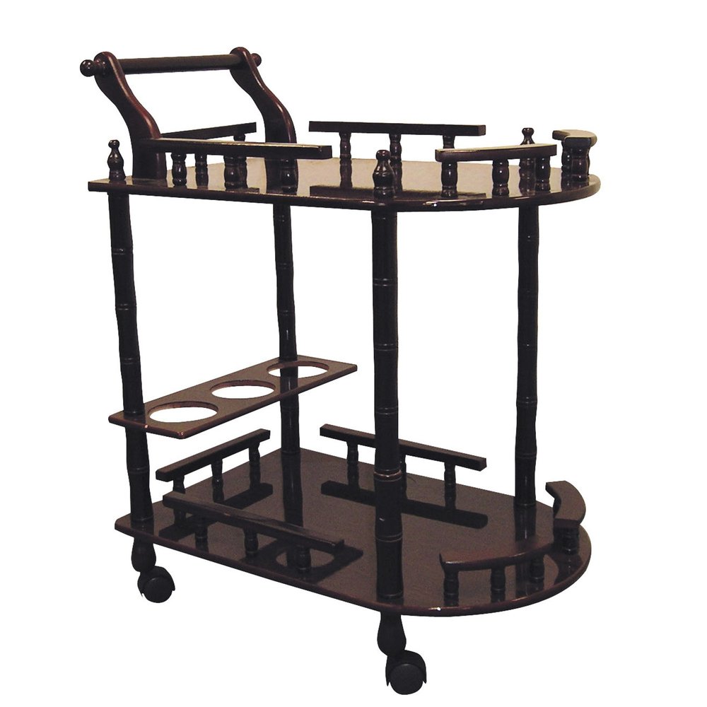 24" Dark Brown Rolling Bar Cart. Bar cart isolated on a plain white background, finished in dark brown.