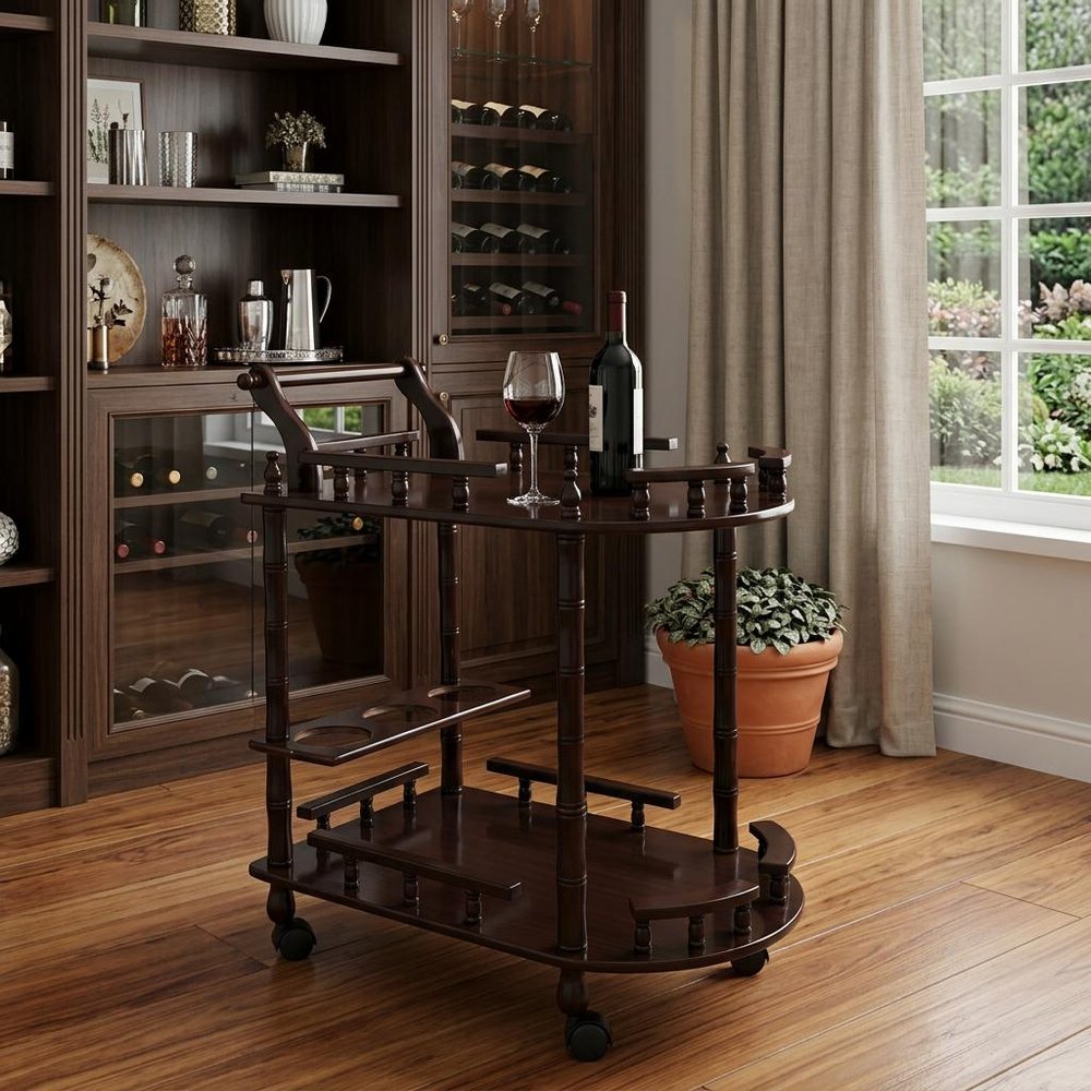 24" Dark Brown Rolling Bar Cart styled in a furnished interior with a black wall on a dark wood floor.