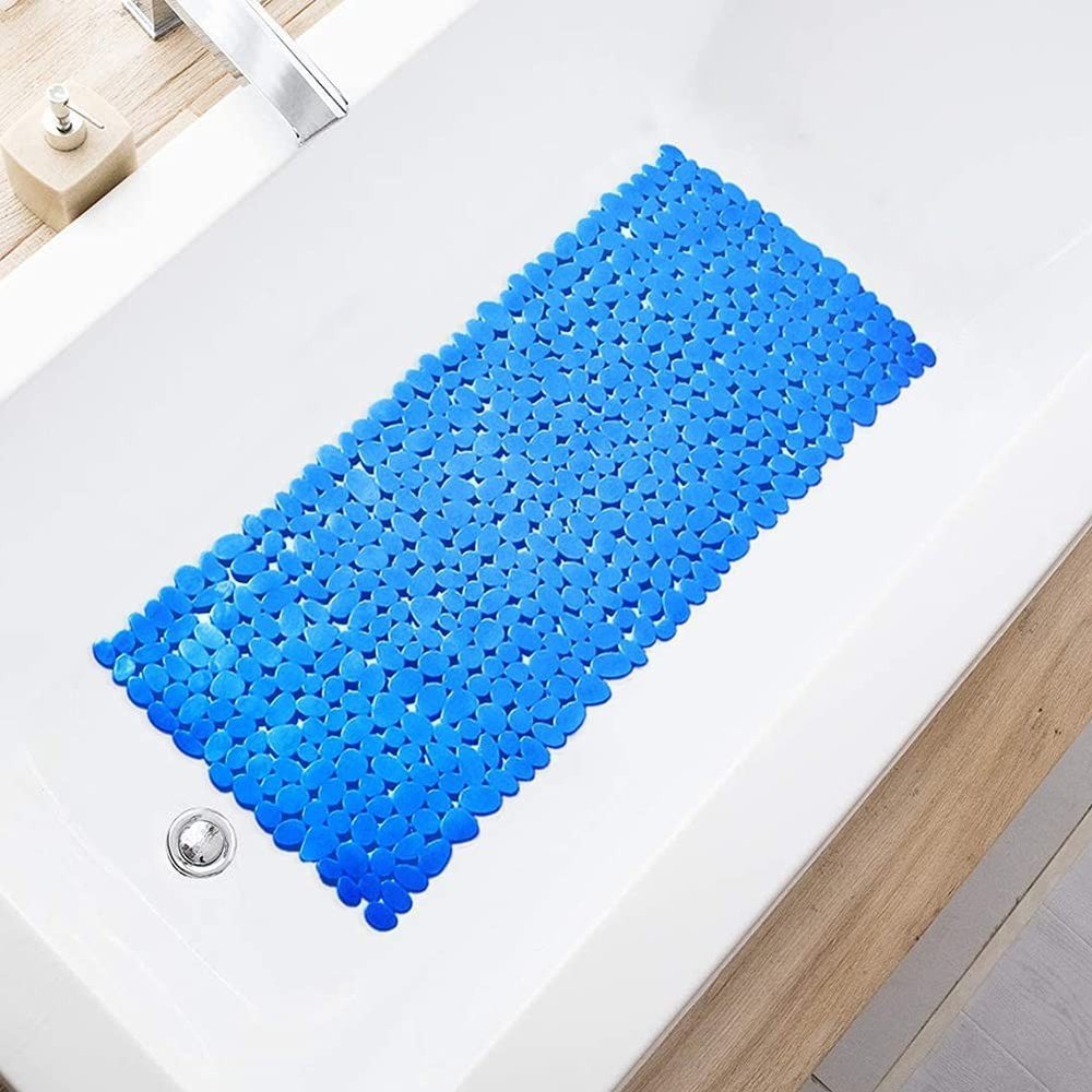 Blue spa pebbles non-slip bathtub mat made of rubber in a white bathtub.