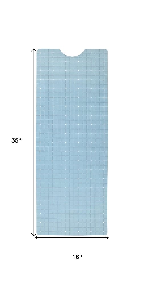 40" Light Blue Geometric Tiles Non Slip Bathtub Mat. Bath rug isolated on a plain white background, showing a blue plastic surface.