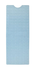 Light blue non-slip bathtub mat with a geometric tile pattern and a curved cutout at the top, on a white background.