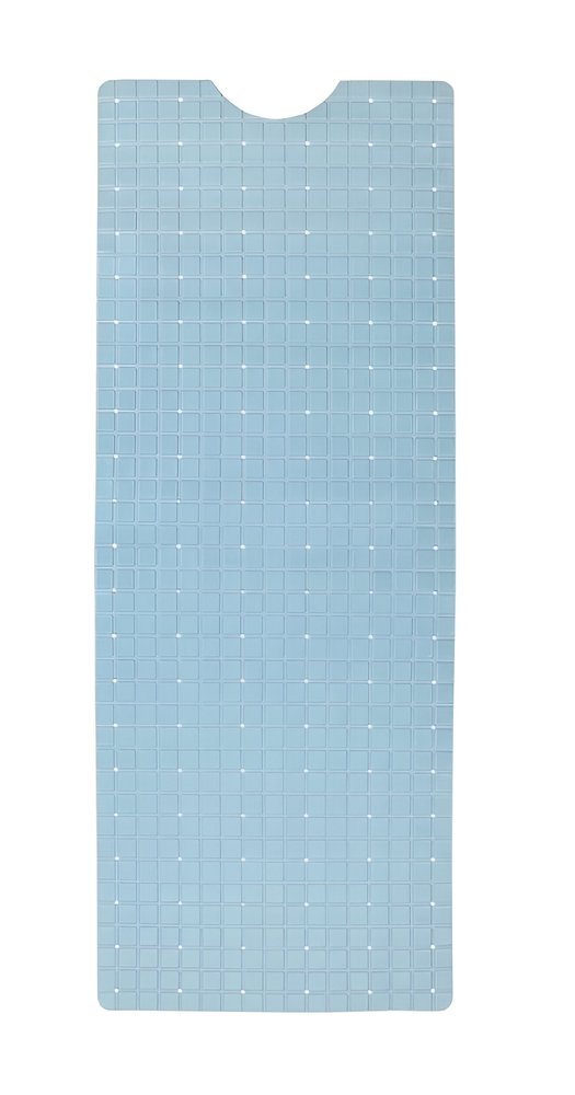 Light blue non-slip bathtub mat with a geometric tile pattern and a curved cutout at the top, on a white background.