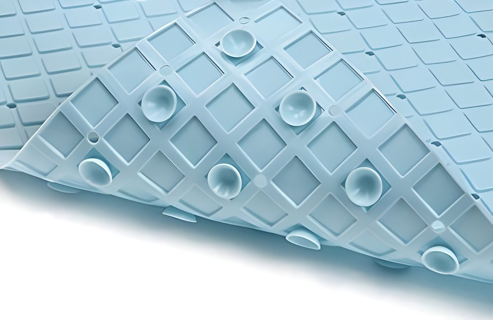 40" Light Blue Geometric Tiles Non Slip Bathtub Mat. Bath rug in blue plastic.