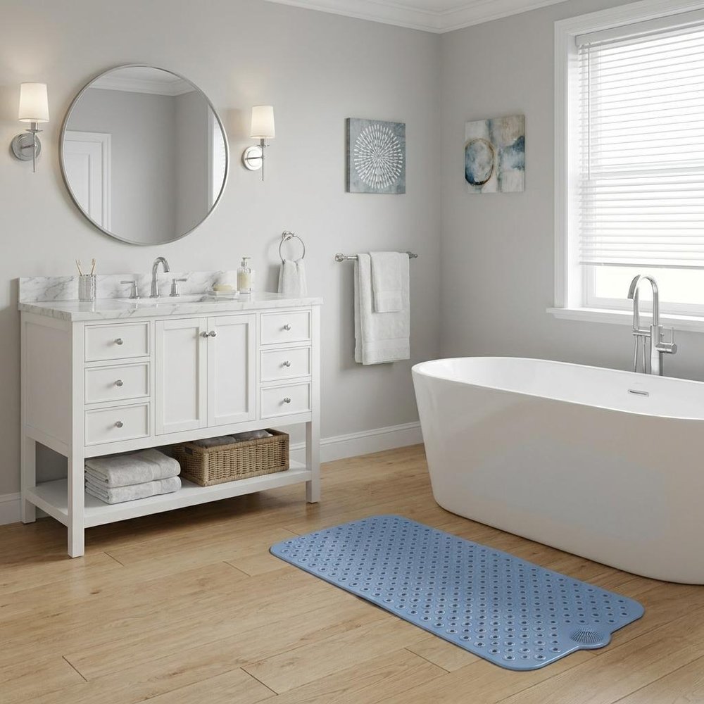 40" Blue Bubbles Non Slip Bathtub Mat styled in a furnished interior with a light gray wall on a wood floor.