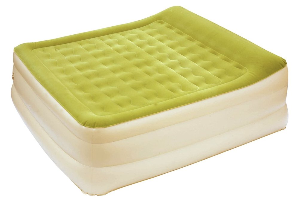 Raised head moss green inflatable queen size bed mattress with a textured top and beige sides on a white background.