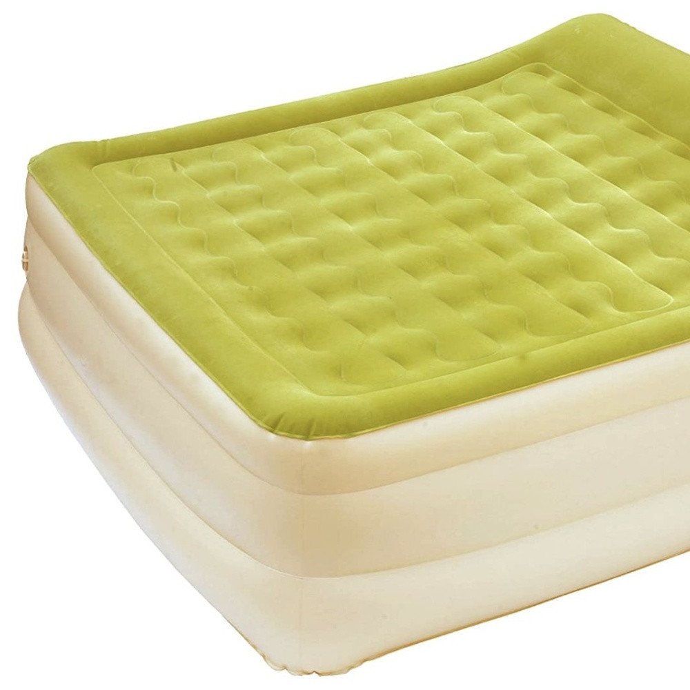 Raised Head Moss Green Inflatable Queen Size Bed Mattress on a white background