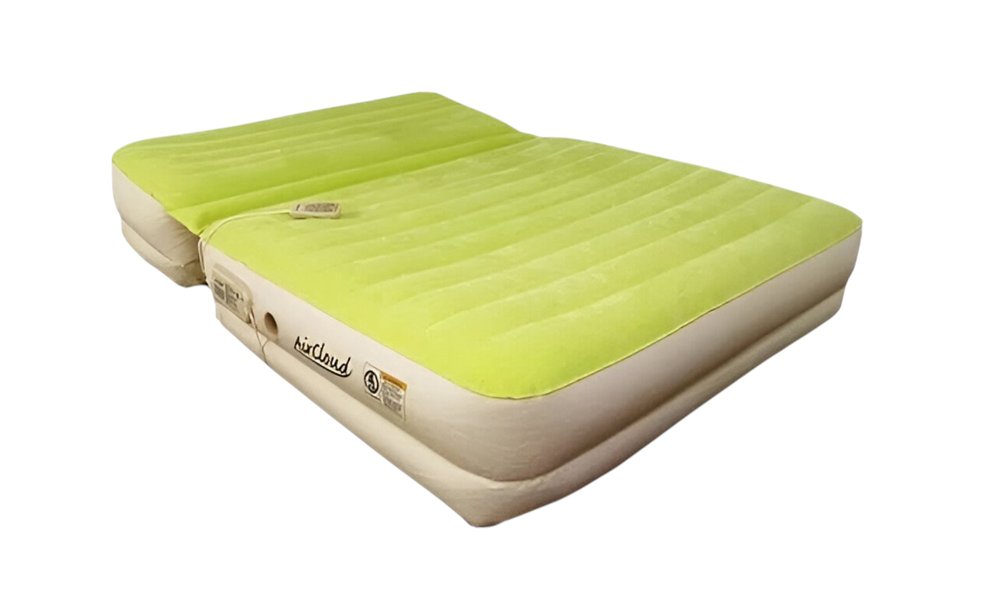 Moss green inflatable queen size air mattress with adjustable incline feature on a white background.