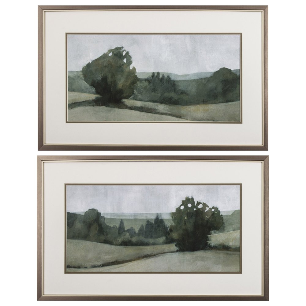 Set of two framed landscape paintings with green trees and muted colors, featuring a brushed silver finish.