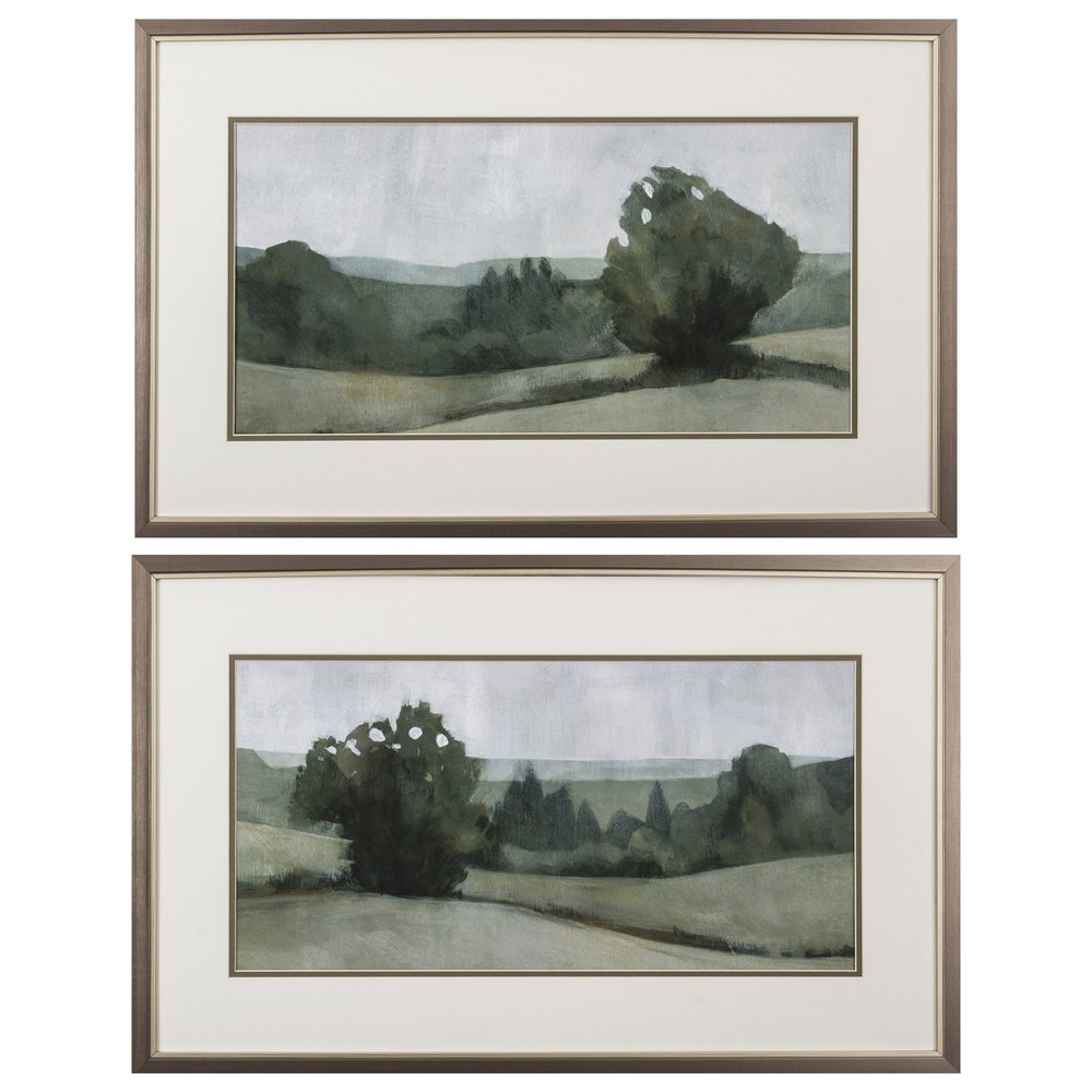 Set of Two Green Trees Framed Art on a white background