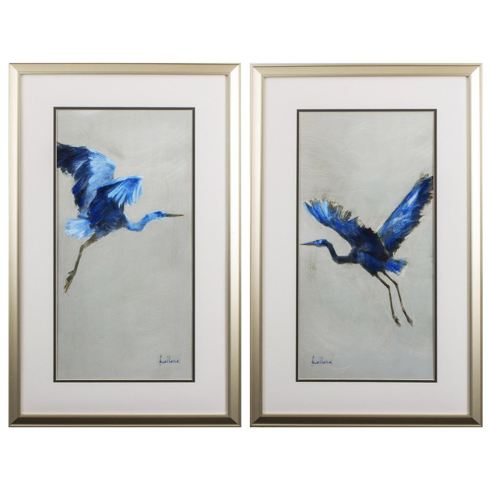 Set of Two Blue Heron Framed Art on a white background