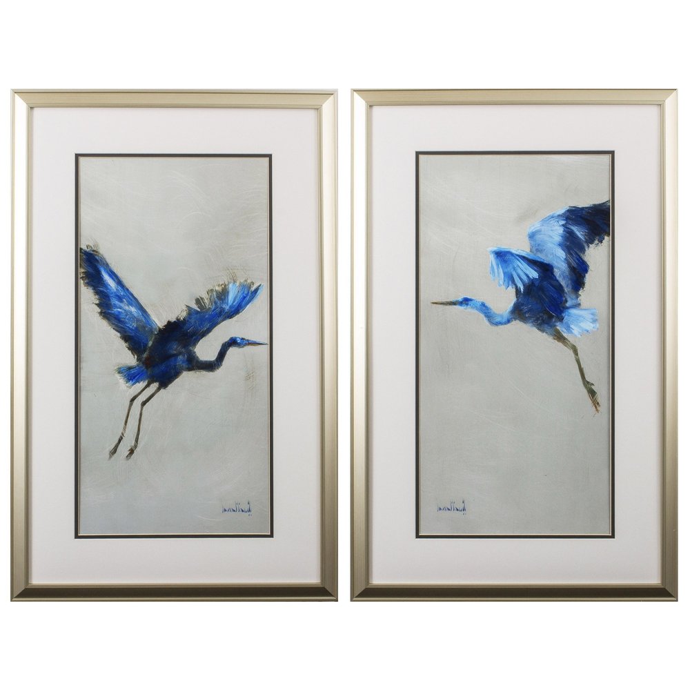 Set of Two Blue Heron Framed Art on a white background