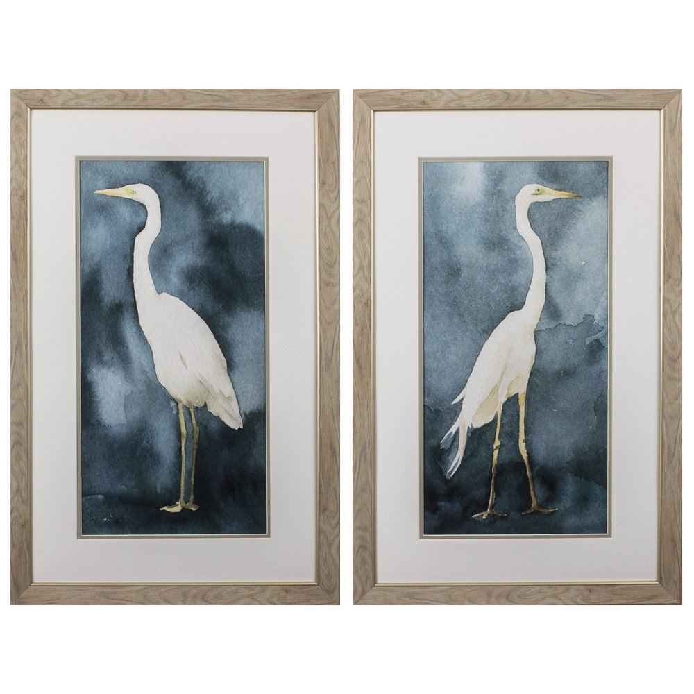 Set of Two Teal Blue Heron Framed Art on a white background