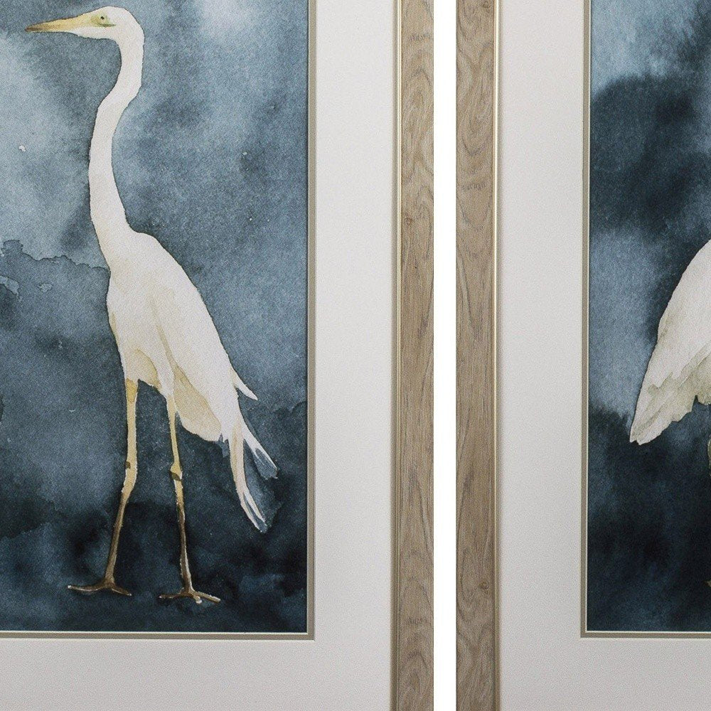 Set of Two Teal Blue Heron Framed Art in a home interior