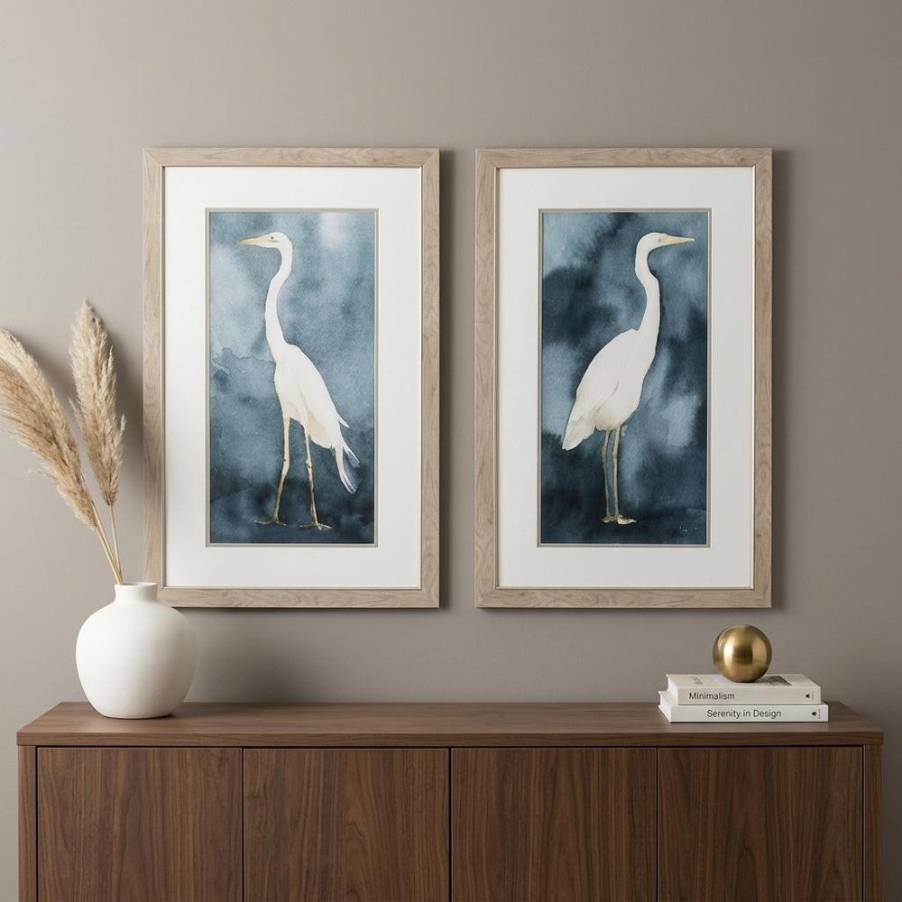 Set of Two Teal Blue Heron Framed Art in a home interior
