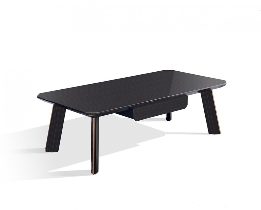 55" Ebony and Dark Brown Wood And Stainless Steel Coffee Table With Drawer. Coffee table isolated on a plain white background, in a dark brown metal finish.