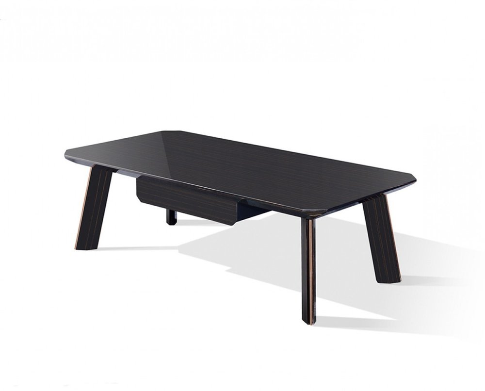 55" Ebony and Dark Brown Wood And Stainless Steel Coffee Table With Drawer. Coffee table isolated on a plain white background, finished in dark brown metal.