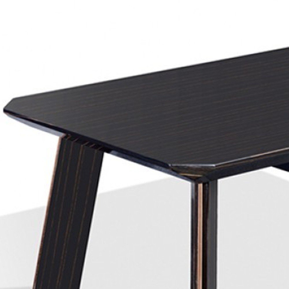 55" Ebony and Dark Brown Wood And Stainless Steel Coffee Table With Drawer. Coffee table isolated on a plain white background, in a dark brown metal finish.