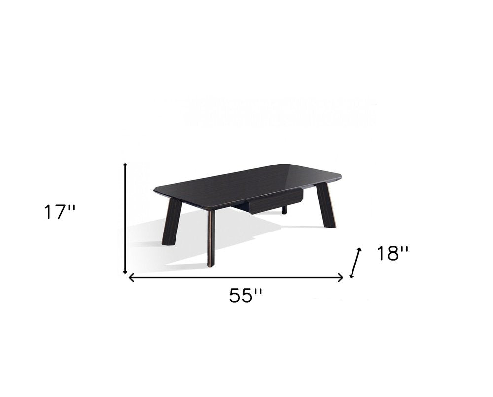 55" Ebony and Dark Brown Wood And Stainless Steel Coffee Table With Drawer. Coffee table isolated on a plain white background, showing a metal surface.