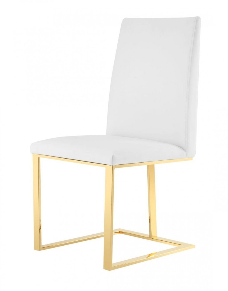 White and Gold Upholstered Faux Leather Dining Side Chair on a white background