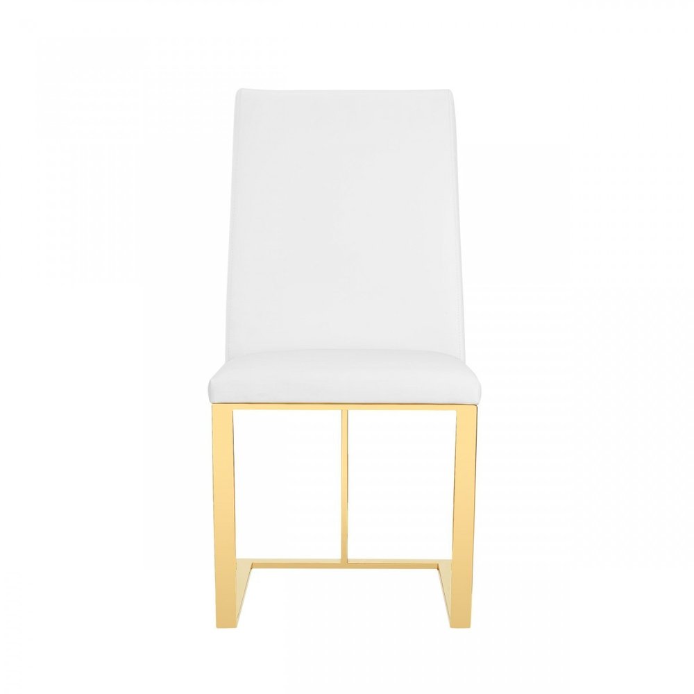 White and Gold Upholstered Faux Leather Dining Side Chair on a white background