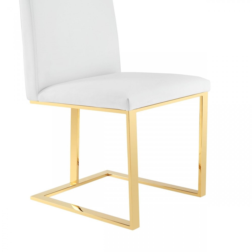 White and Gold Upholstered Faux Leather Dining Side Chair on a white background