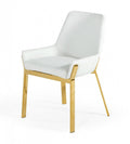 White and Gold Upholstered Faux Leather Dining Arm Chair on a white background
