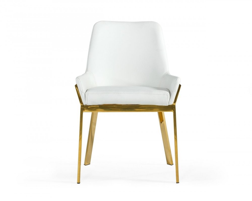 White and Gold Upholstered Faux Leather Dining Arm Chair on a white background