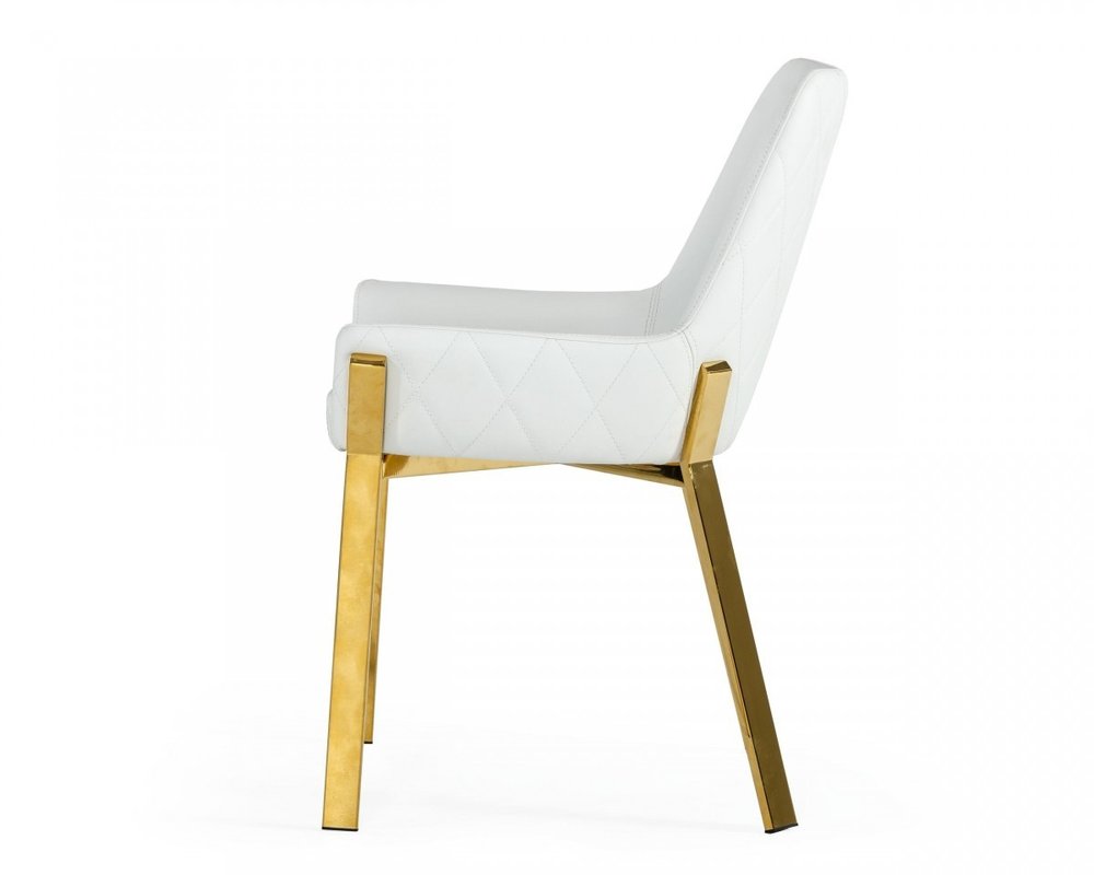 White and Gold Upholstered Faux Leather Dining Arm Chair on a white background