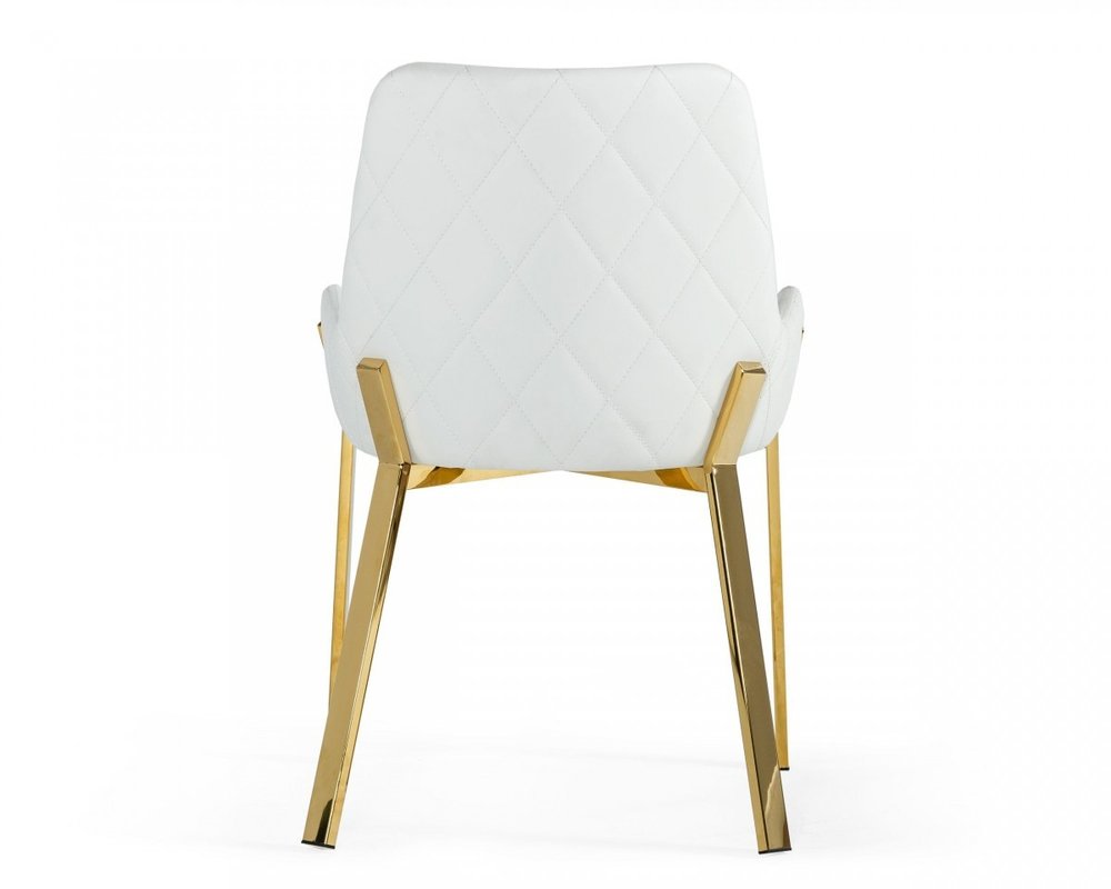 White and Gold Upholstered Faux Leather Dining Arm Chair on a white background