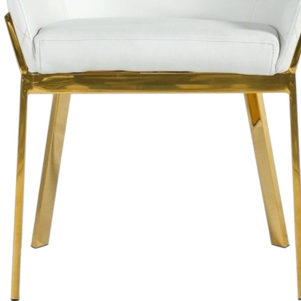 White and Gold Upholstered Faux Leather Dining Arm Chair on a white background
