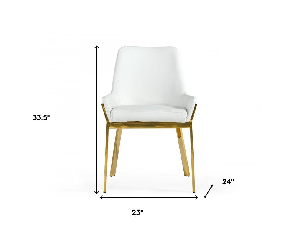 White and Gold Upholstered Faux Leather Dining Arm Chair on a white background