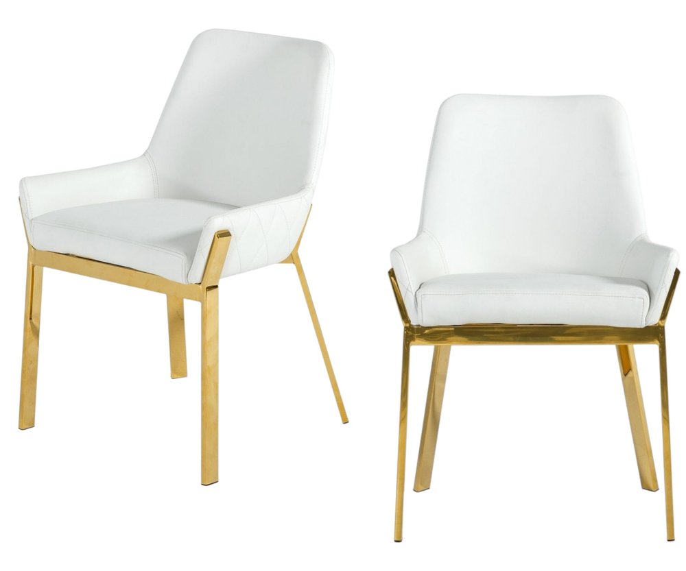 White and Gold Upholstered Faux Leather Dining Arm Chair on a white background
